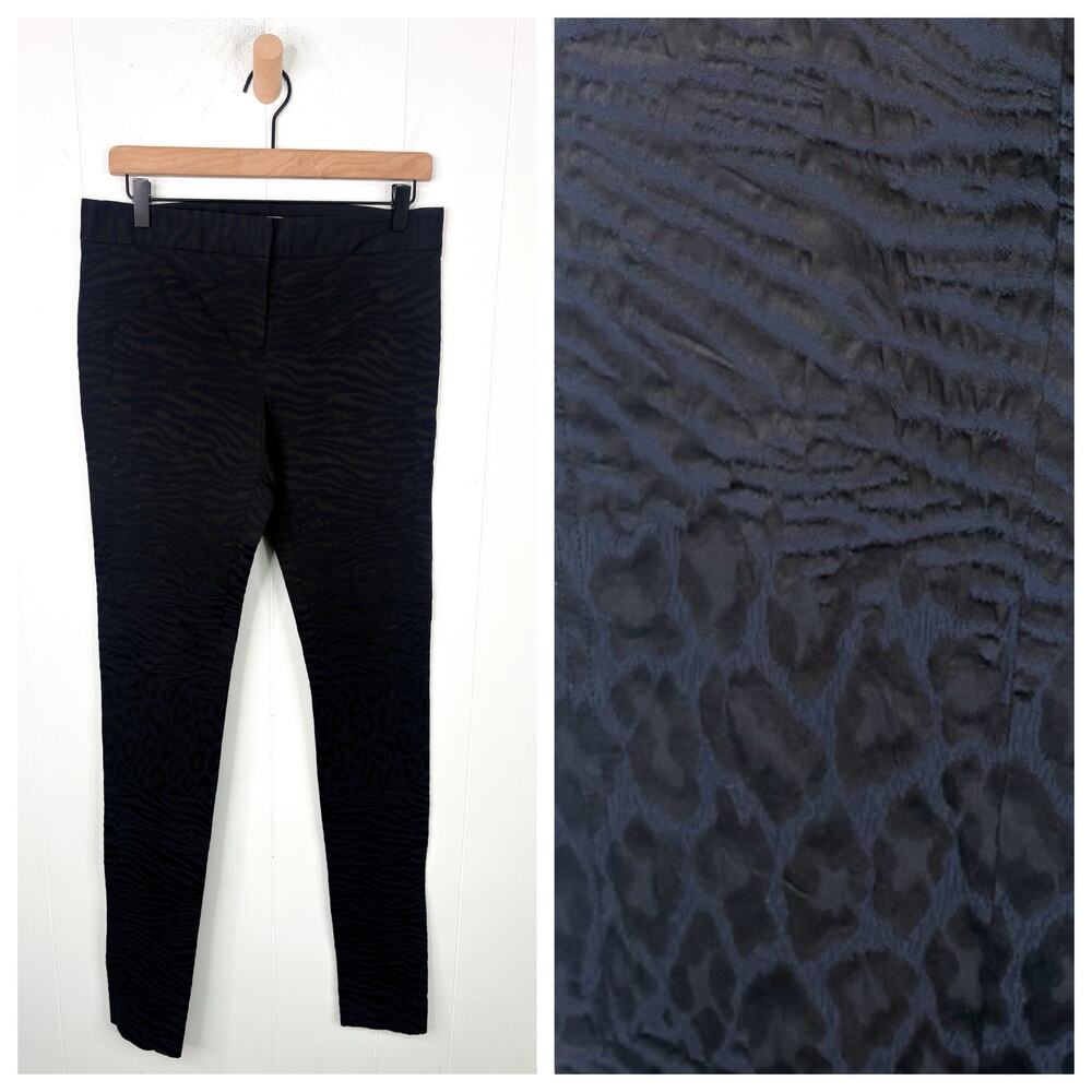 DVF Textured Tiger Cheetah Skinny Pants Size 6 Navy Blue Black Animal Print